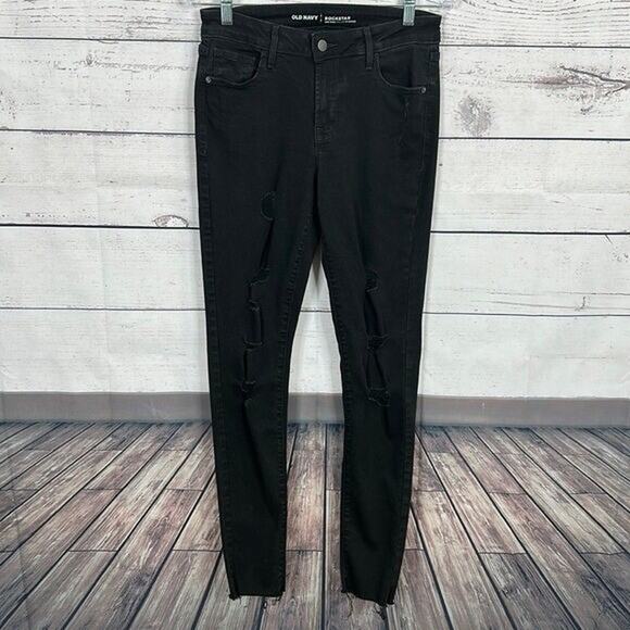 Old Navy Jeans Womens 6 Black Rockstar Tall Skinny Distressed Stretch Midrise - Picture 1 of 9